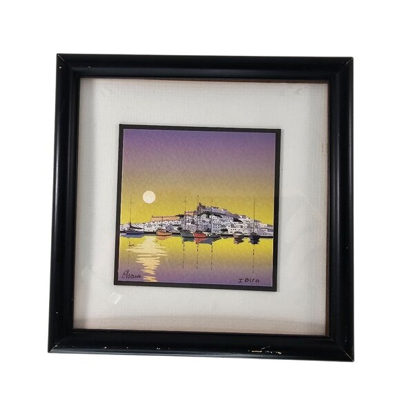 Framed Ibiza Sunset Boats Watercolor Painting Signed By Artist Framed 7" x 7" - Picture 1 of 8